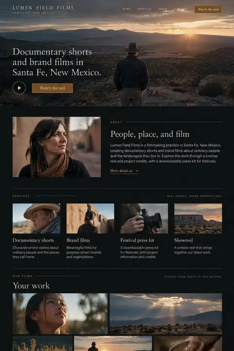 Example homepage design for Lumen Field Films, a fictional filmmaker in Santa Fe, New Mexico (cinematic look)