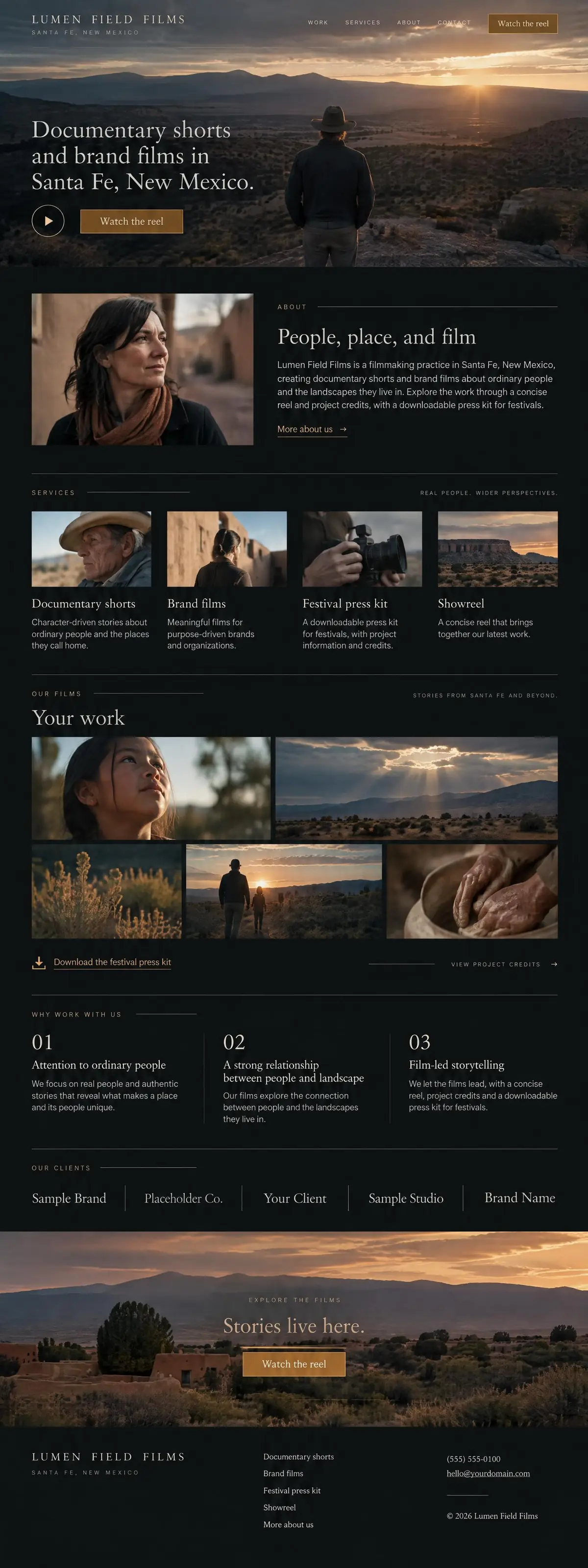 Homepage: Example homepage design for Lumen Field Films, a fictional filmmaker in Santa Fe, New Mexico (cinematic look)