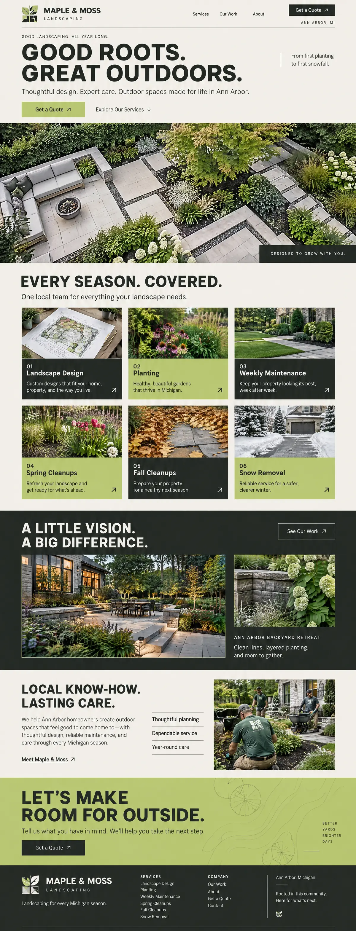 Homepage design for a landscaping company in Ann Arbor: off-white, charcoal and lime with bold uppercase headlines; 'Good Roots. Great Outdoors.' above an aerial photo of a paver patio and fire bowl; six seasonal service tiles from design to snow removal; dark project showcase; crew-at-work photo; lime call-to-action
