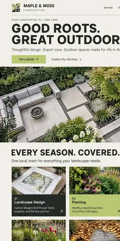 The top of the same landscaping company design in a phone-sized frame