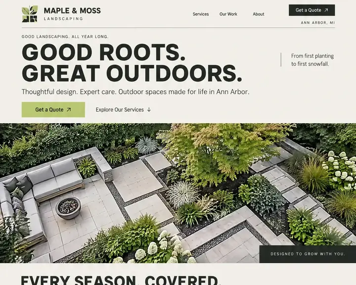 Example landscaping website design by Future for Maple & Moss in Ann Arbor: off-white, charcoal and lime with bold uppercase headlines, an aerial photo of a paver patio and fire bowl, and six seasonal service tiles from landscape design to snow removal