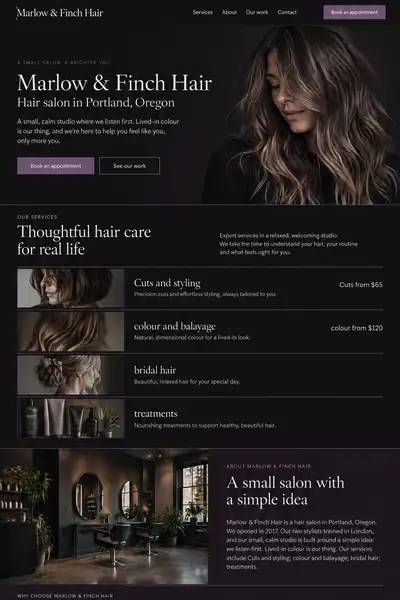 Example homepage design for Marlow & Finch Hair, a fictional hair salon in Portland, Oregon (luxury look)
