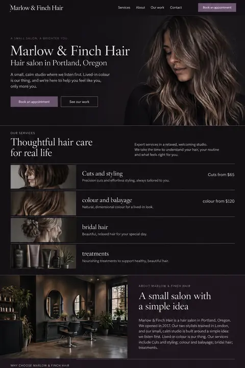 Example homepage design for Marlow & Finch Hair, a fictional hair salon in Portland, Oregon (luxury look)