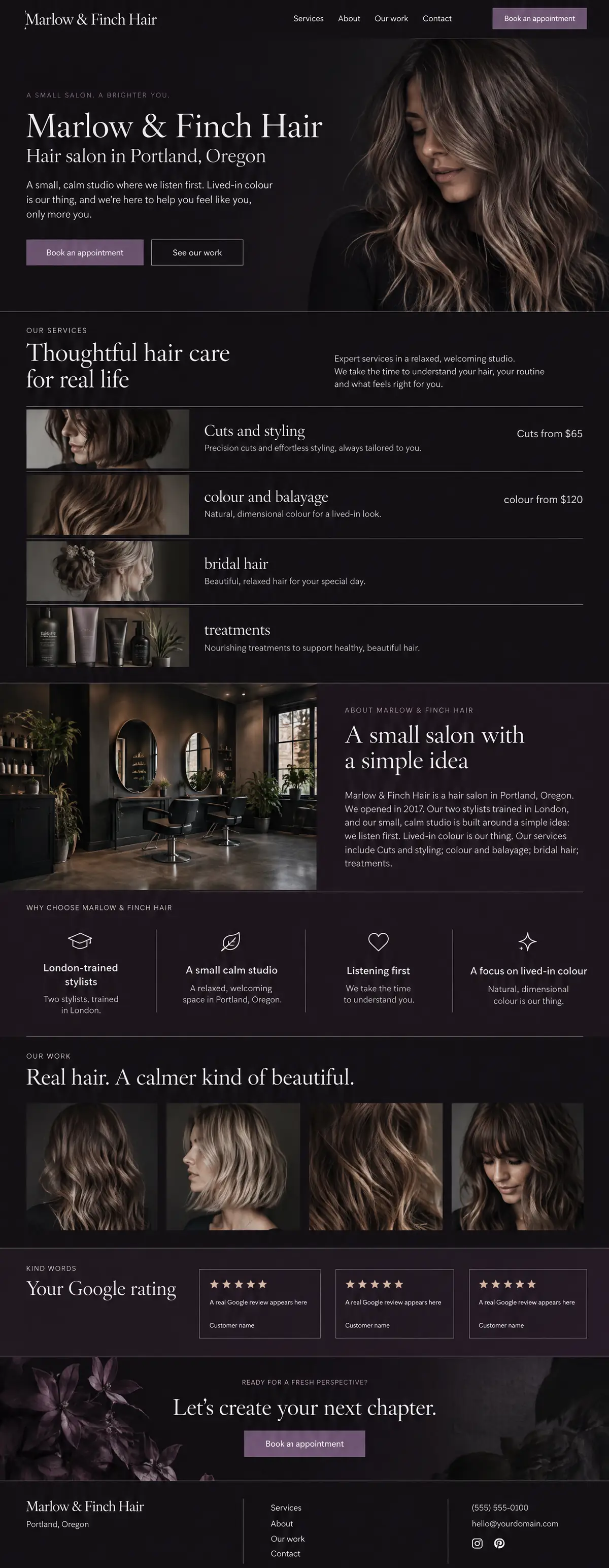 Homepage: Example homepage design for Marlow & Finch Hair, a fictional hair salon in Portland, Oregon (luxury look)