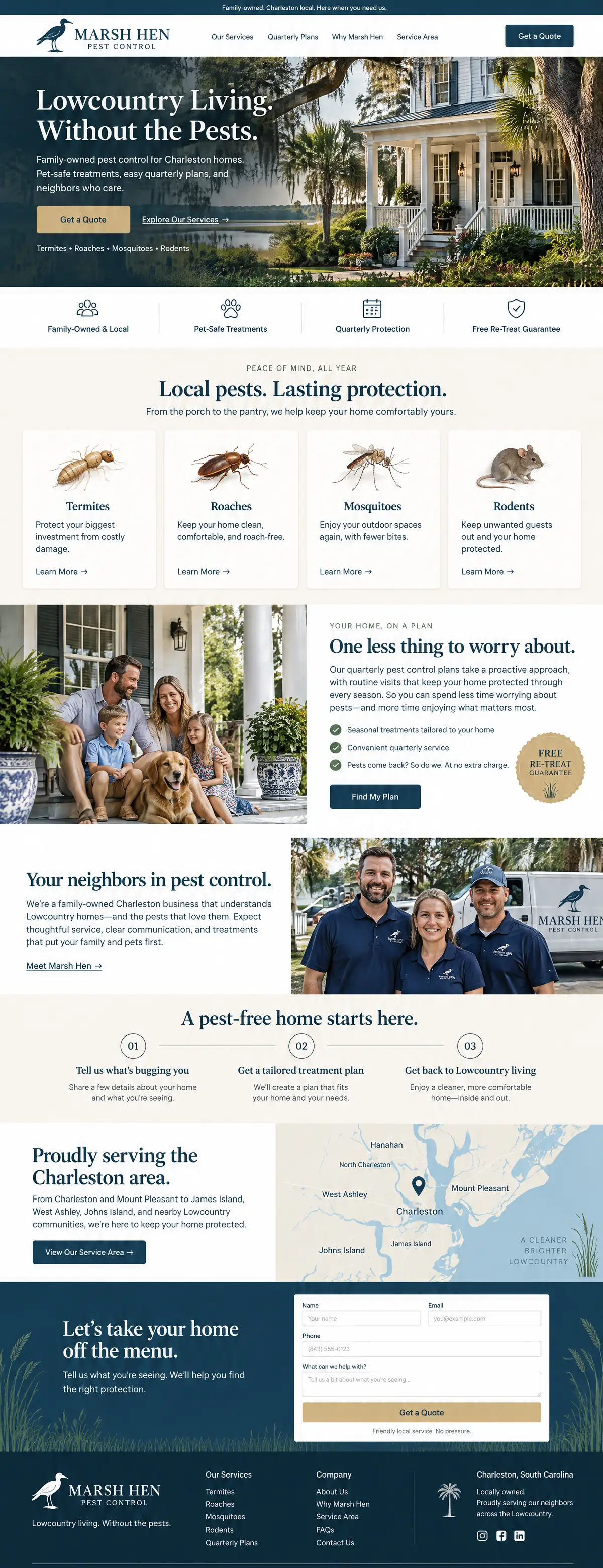 Homepage design for a pest control company in Charleston: navy, cream and sand gold; white Lowcountry house under live oaks beside a marsh; four illustrated pest cards; quarterly plans with a free re-treat seal; team photo with a branded van; Charleston area map; quote form