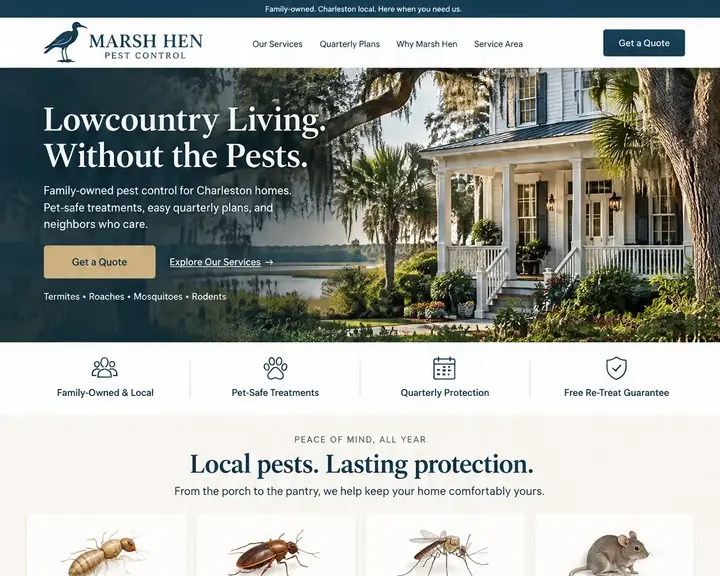 Homepage design for a pest control company in Charleston: navy, cream and sand gold; white Lowcountry house under live oaks beside a marsh; four illustrated pest cards; quarterly plans with a free re-treat seal; team photo with a branded van; Charleston area map; quote form