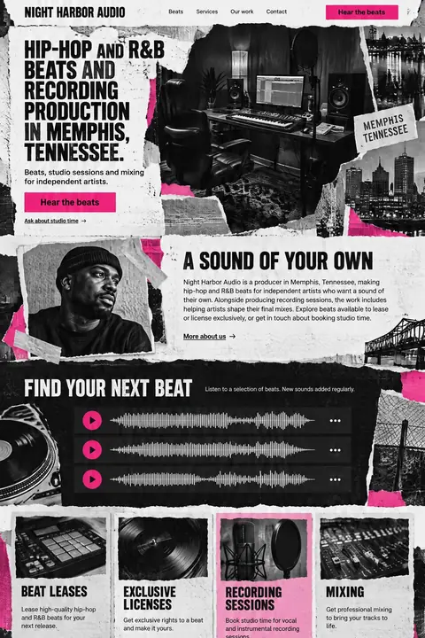 Example homepage design for Night Harbor Audio, a fictional music producer in Memphis, Tennessee (collage look)