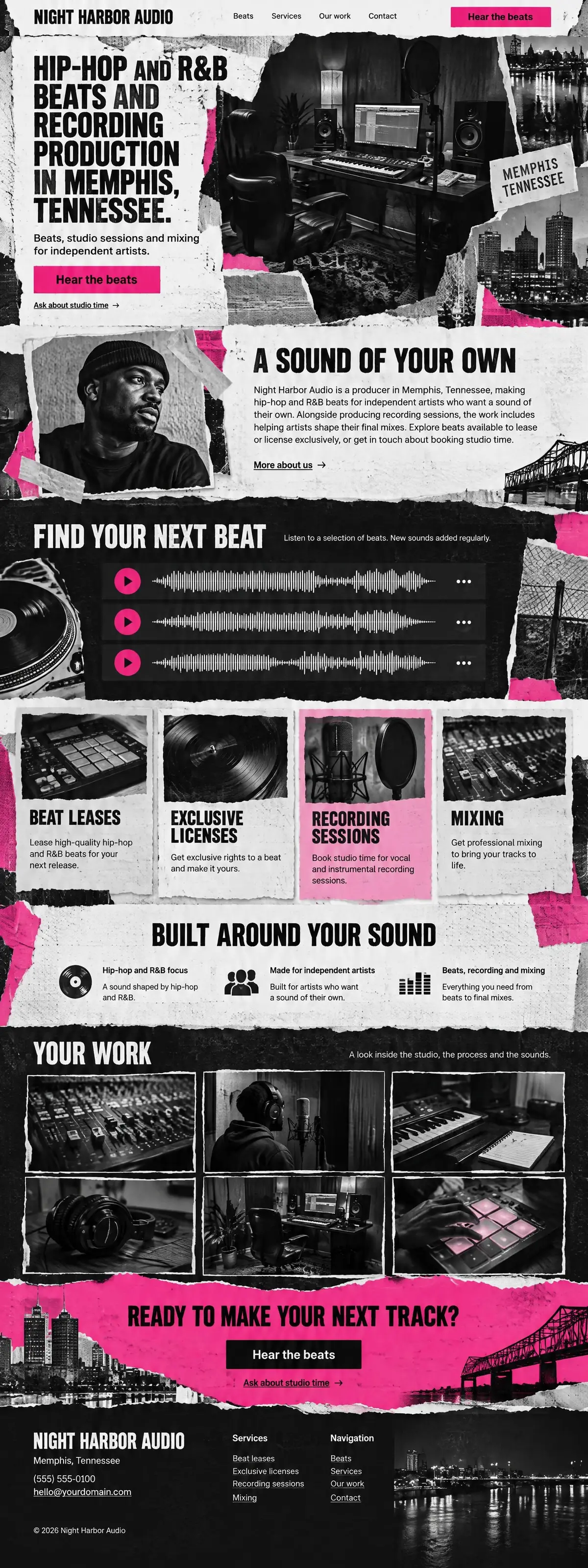 Homepage: Example homepage design for Night Harbor Audio, a fictional music producer in Memphis, Tennessee (collage look)