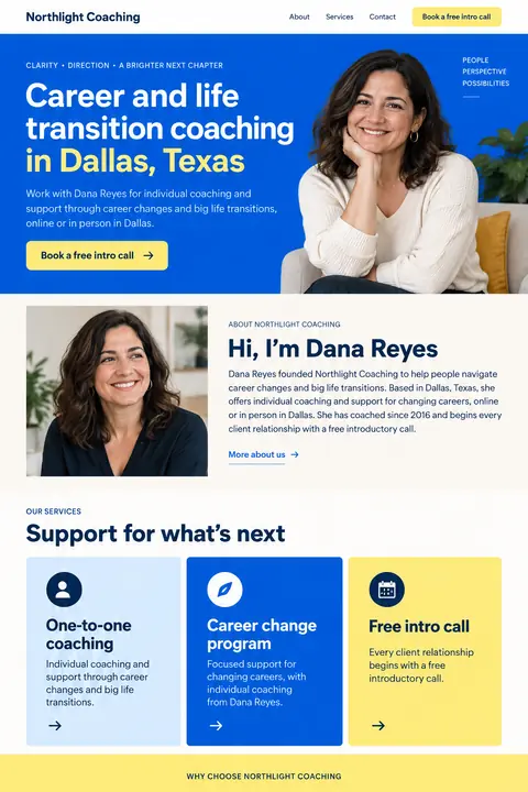 Example homepage design for Northlight Coaching, a fictional life coach in Dallas, Texas (color-forward look)