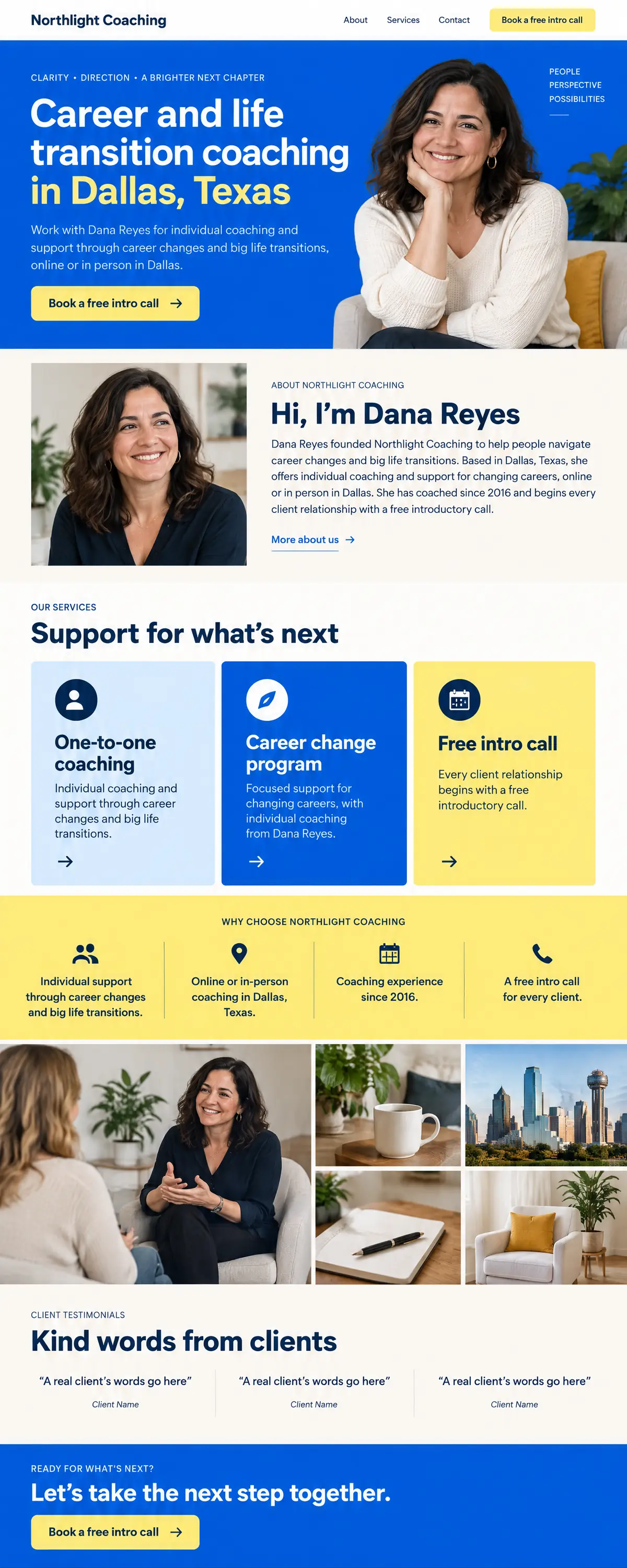 Homepage: Example homepage design for Northlight Coaching, a fictional life coach in Dallas, Texas (color-forward look)