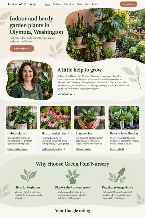 Example homepage design for Green Fold Nursery, a fictional plant nursery in Olympia, Washington (organic look)