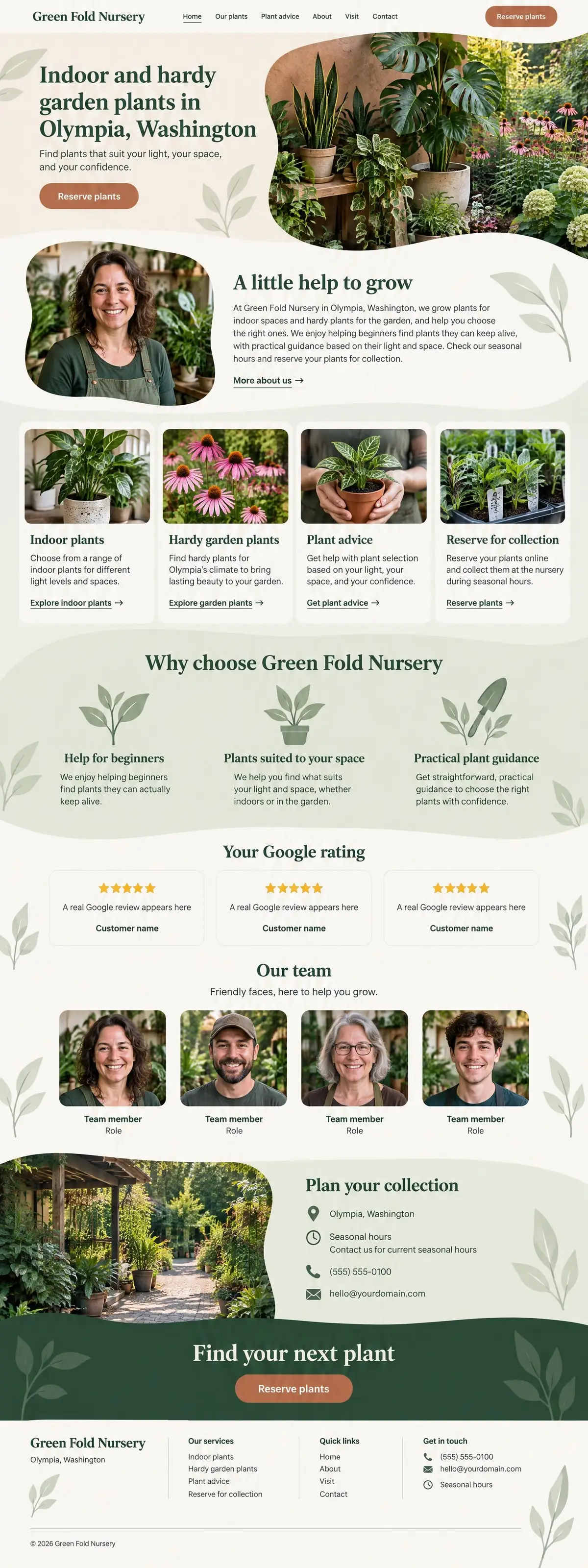 Homepage: Example homepage design for Green Fold Nursery, a fictional plant nursery in Olympia, Washington (organic look)