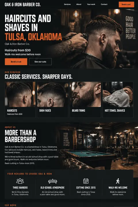 Example homepage design for Oak & Iron Barber Co., a fictional barbershop in Tulsa, Oklahoma (bold and dark look)