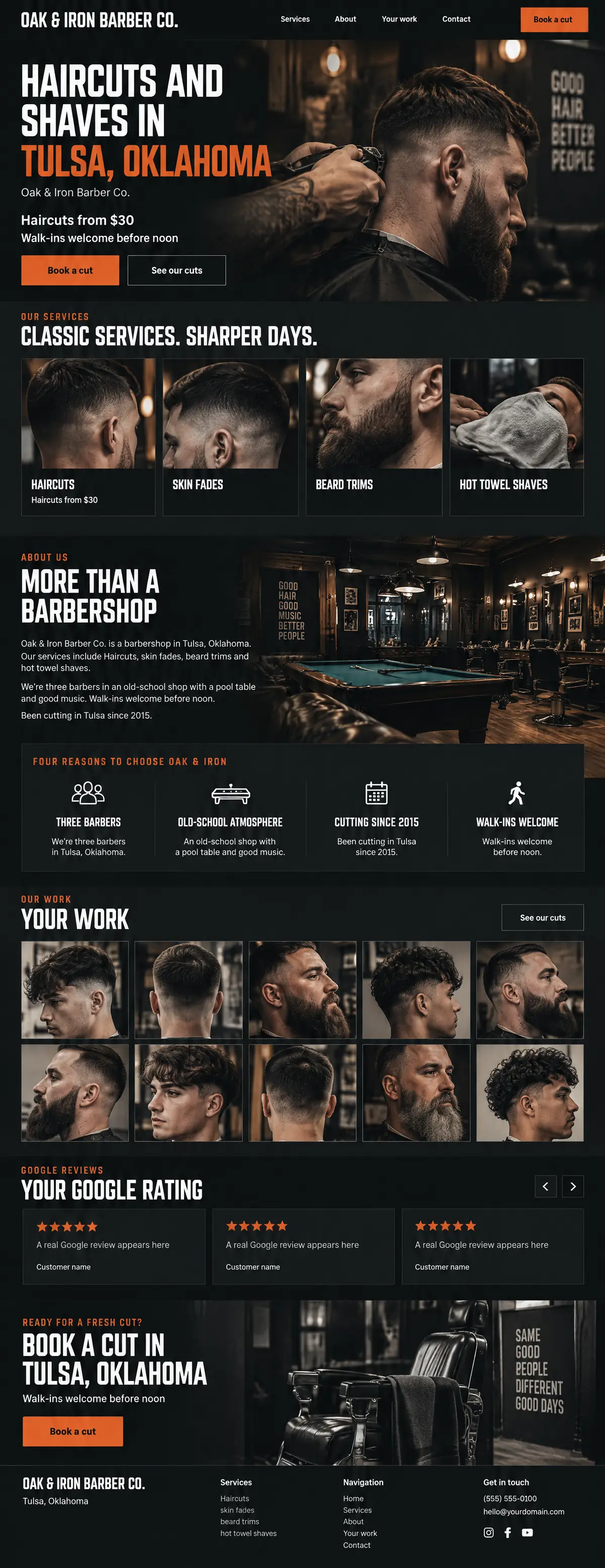 Homepage: Example homepage design for Oak & Iron Barber Co., a fictional barbershop in Tulsa, Oklahoma (bold and dark look)