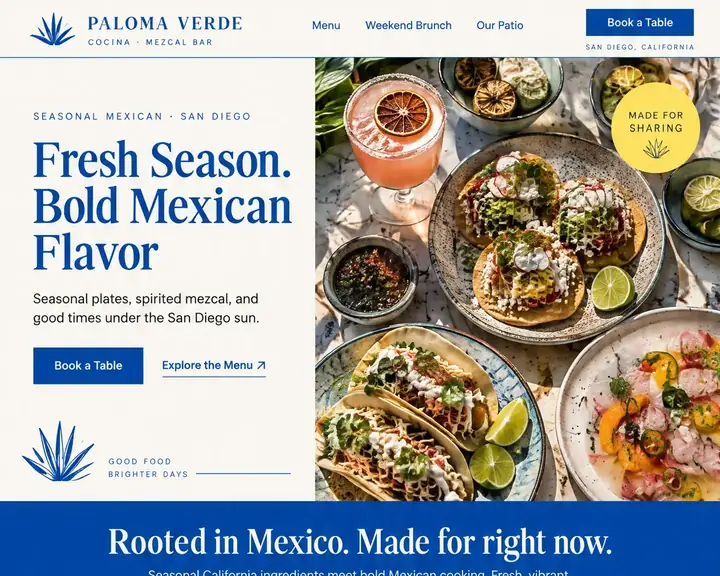 Homepage design for a Mexican restaurant in San Diego: cobalt blue, sunny yellow and off-white; 'Fresh Season. Bold Mexican Flavor' beside tostadas and a cocktail; Book a Table button; blue dish cards; weekend brunch; patio panel; a table band with date, time and party size