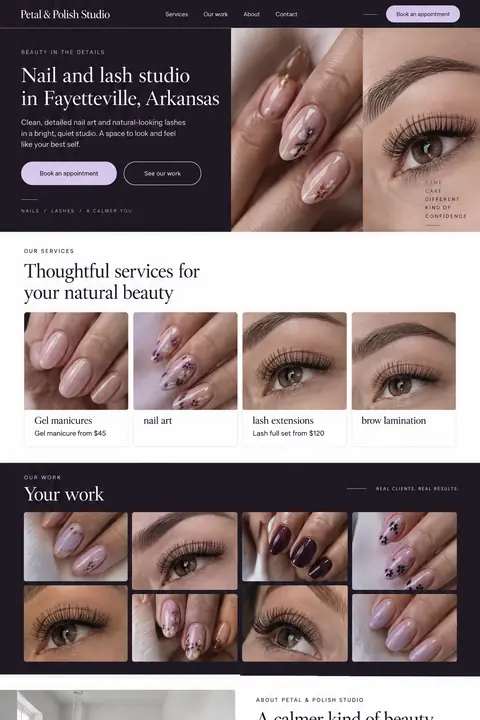 Example homepage design for Petal & Polish Studio, a fictional nail and lash studio in Fayetteville, Arkansas (luxury look)