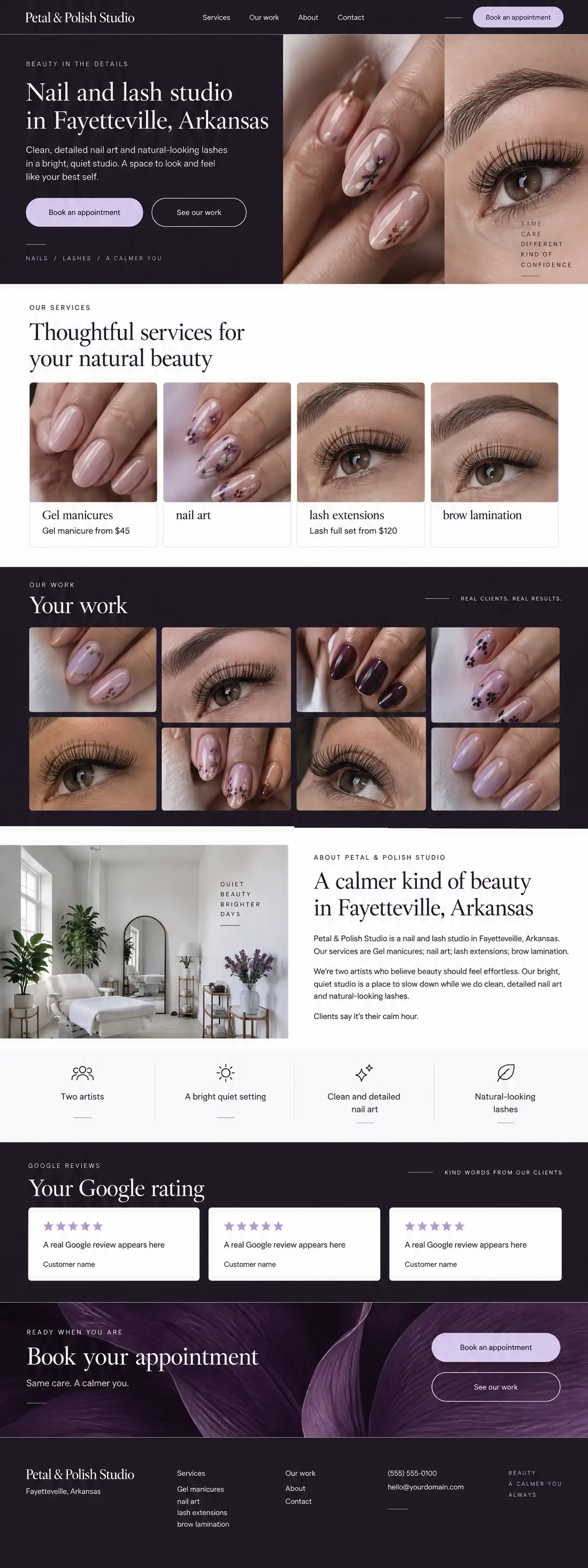 Homepage: Example homepage design for Petal & Polish Studio, a fictional nail and lash studio in Fayetteville, Arkansas (luxury look)