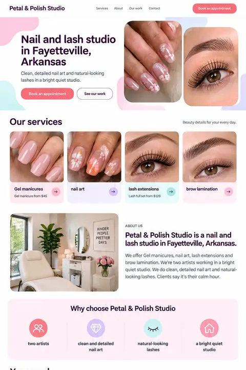 Example homepage design for Petal & Polish Studio, a fictional nail and lash studio in Fayetteville, Arkansas (playful look)