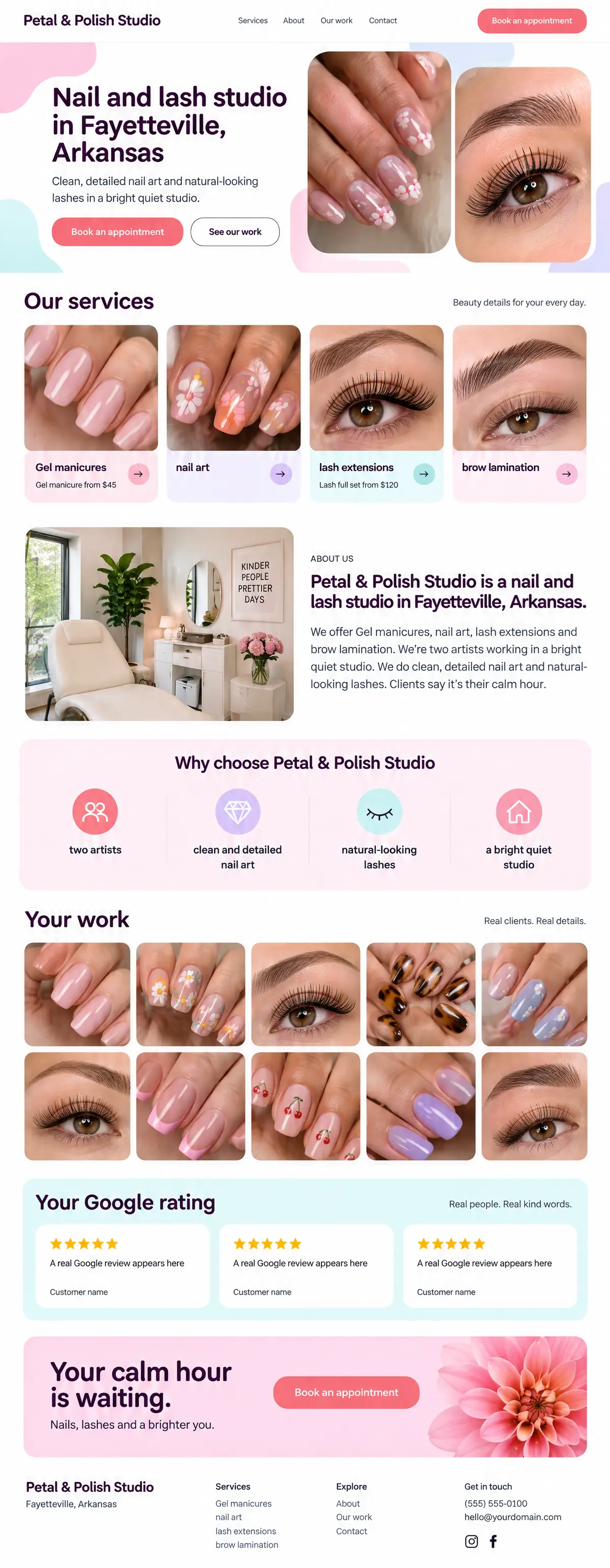 Homepage: Example homepage design for Petal & Polish Studio, a fictional nail and lash studio in Fayetteville, Arkansas (playful look)