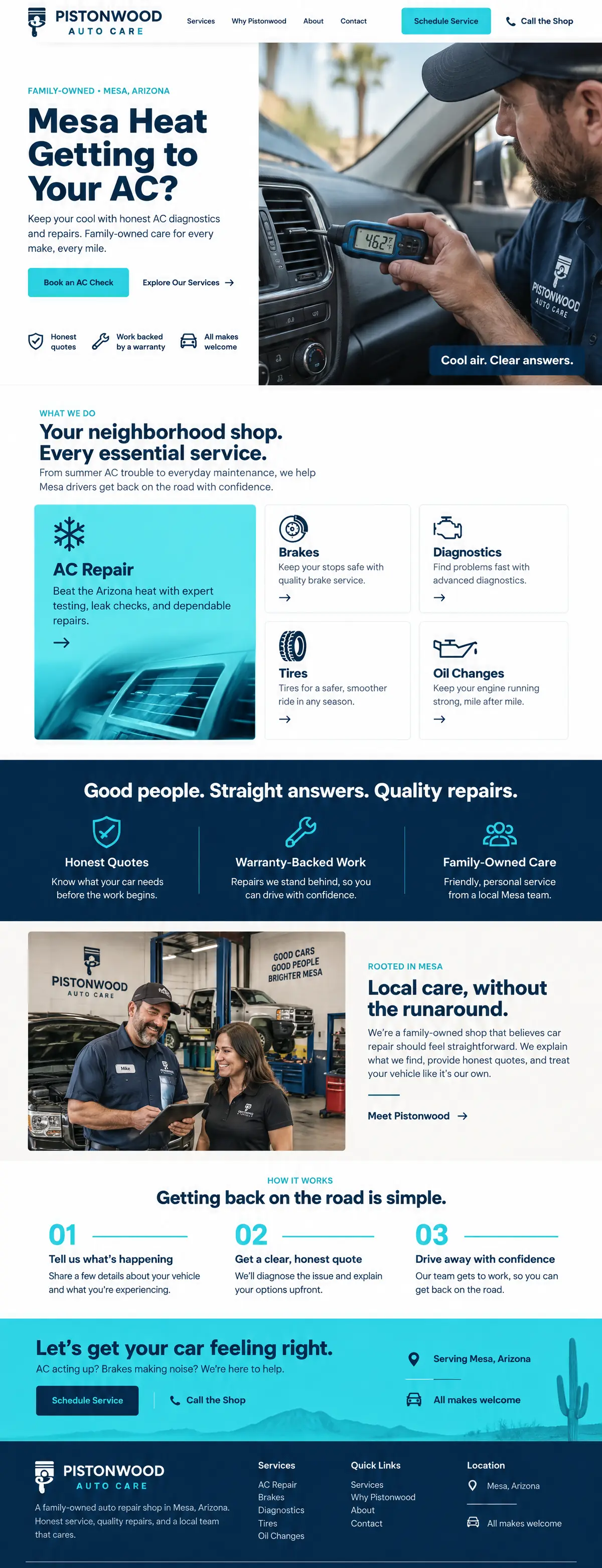 Homepage design for an auto repair shop in Mesa: white and navy with bright cyan buttons; technician checking a car's AC vent; cyan AC repair feature card among the services; navy values band; two team members with a tablet; three-step process; cyan call-to-action with desert and cactus