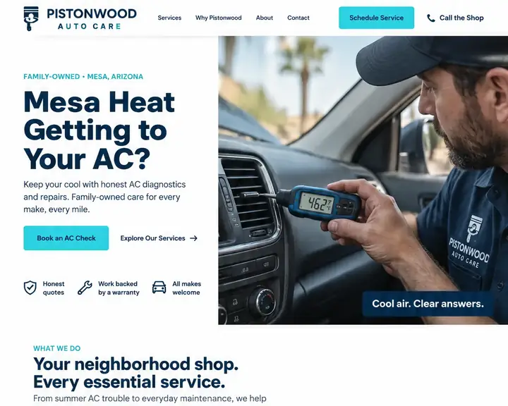 Homepage design for an auto repair shop in Mesa: white and navy with bright cyan buttons; 'Mesa Heat Getting to Your AC?' beside a technician checking a car's AC vent; a cyan AC repair card among the services; navy band: honest quotes, warranty-backed work