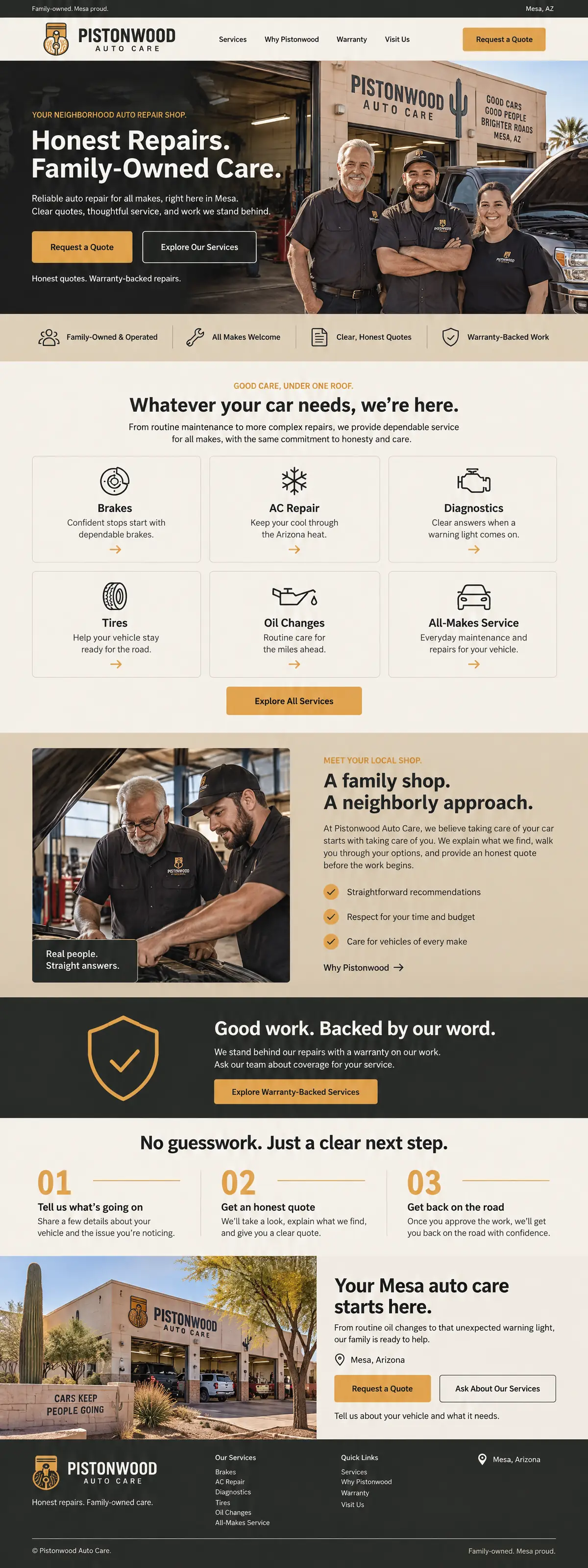 Homepage design for an auto repair shop in Mesa: cream and charcoal with mustard-gold buttons; three smiling staff outside a desert shop with a cactus sign; four-point trust bar; six service cards; charcoal warranty band with a shield; three-step process