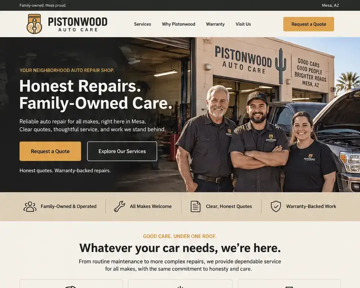 Homepage design for an auto repair shop in Mesa: cream and charcoal with mustard-gold buttons; three smiling staff outside a desert shop with a cactus sign; four-point trust bar; six service cards; charcoal warranty band with a shield; three-step process