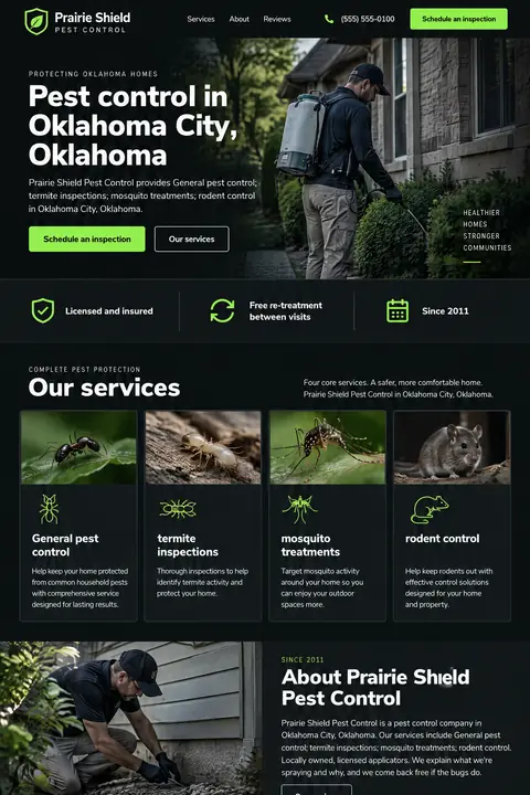 Example homepage design for Prairie Shield Pest Control, a fictional pest control company in Oklahoma City, Oklahoma (bold and dark look)