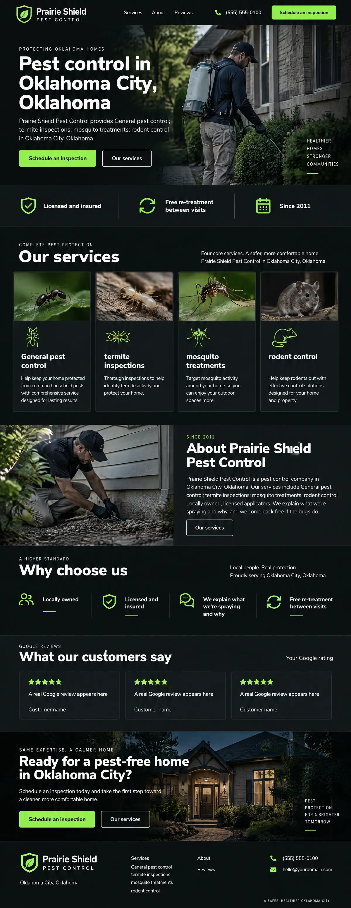 Homepage: Example homepage design for Prairie Shield Pest Control, a fictional pest control company in Oklahoma City, Oklahoma (bold and dark look)