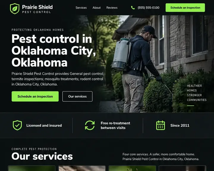 Homepage design for a pest control company in Oklahoma City: near-black with lime-green buttons; a technician spraying along a stone house; Schedule an inspection button; Licensed and insured, Free re-treatment between visits and Since 2011 badges; photo cards for four services