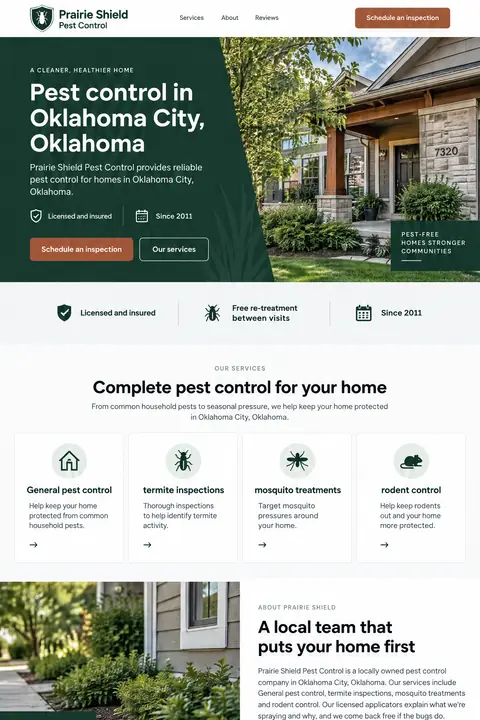 Example homepage design for Prairie Shield Pest Control, a fictional pest control company in Oklahoma City, Oklahoma (earthy look)