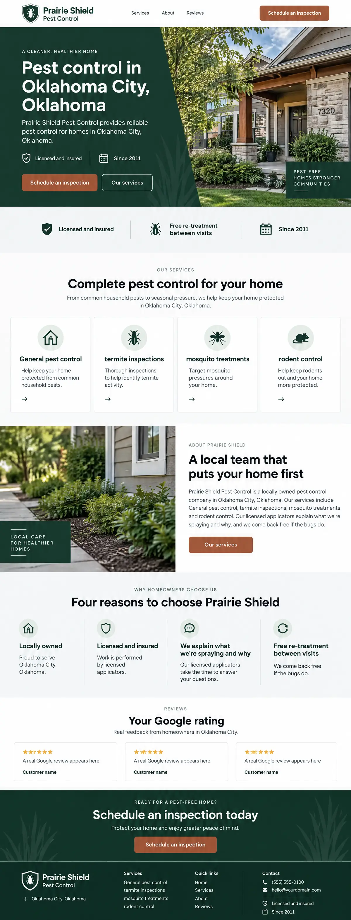 Homepage: Example homepage design for Prairie Shield Pest Control, a fictional pest control company in Oklahoma City, Oklahoma (earthy look)