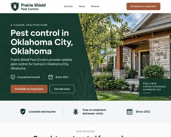 Homepage design for a pest control company in Oklahoma City: deep green and clay on a pale ground; a stone house with a tidy lawn; Schedule an inspection button; trust badges; icon cards for general pest control, termite inspections, mosquito treatments and rodent control