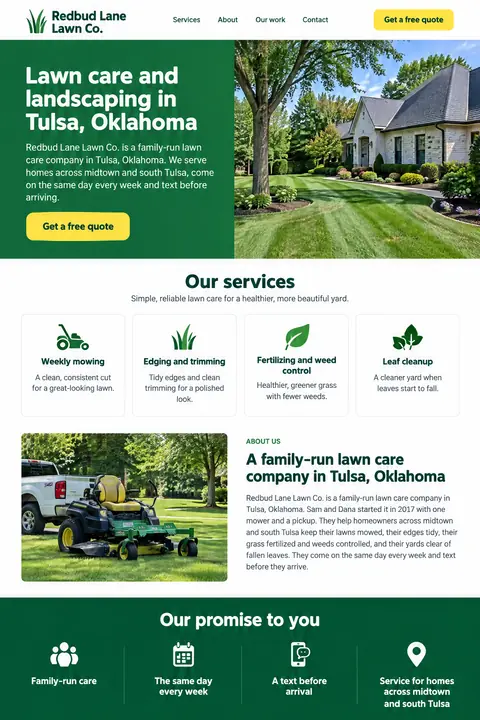 Example homepage design for Redbud Lane Lawn Co., a fictional lawn care company in Tulsa, Oklahoma (color-forward look)