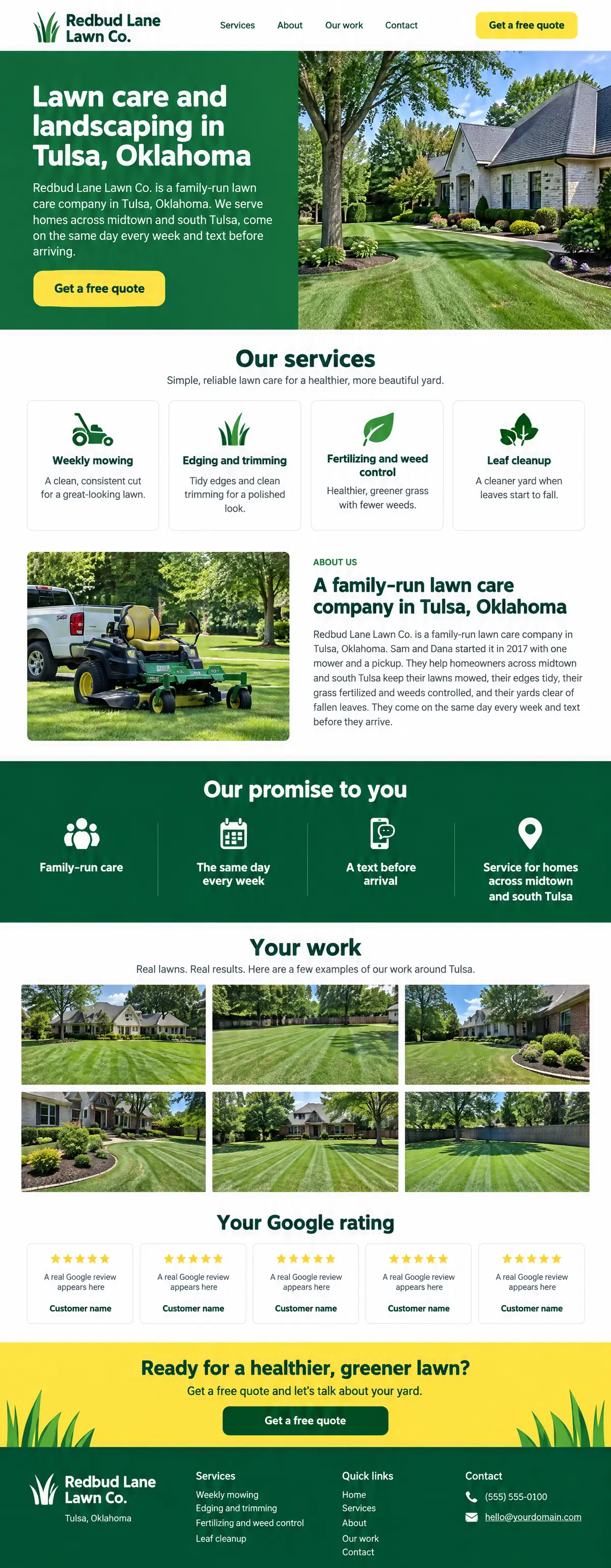 Homepage: Example homepage design for Redbud Lane Lawn Co., a fictional lawn care company in Tulsa, Oklahoma (color-forward look)