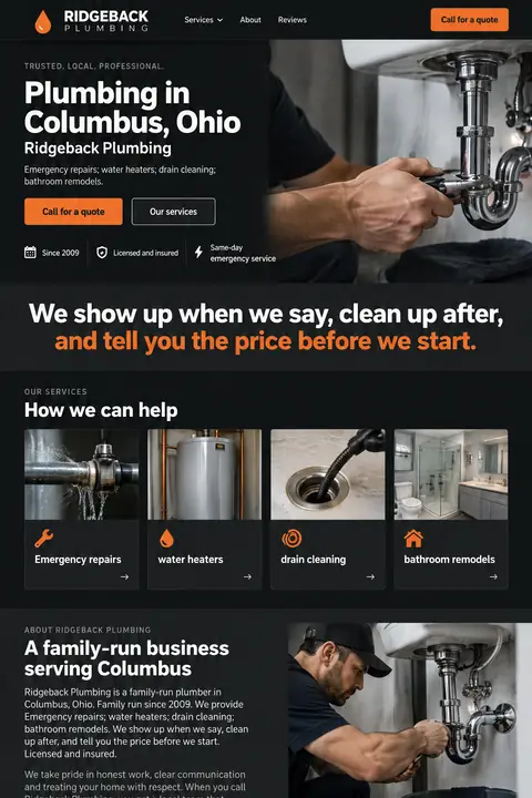 Example homepage design for Ridgeback Plumbing, a fictional plumber in Columbus, Ohio (bold and dark look)