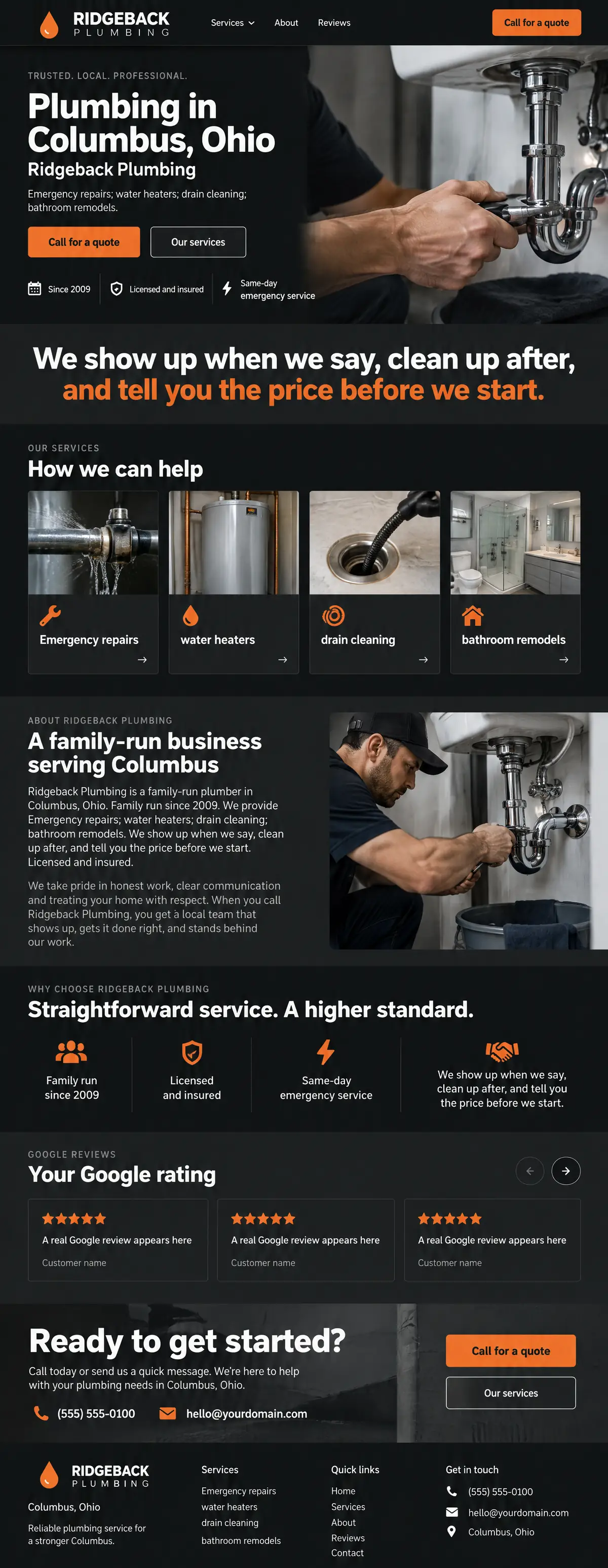 Homepage: Example homepage design for Ridgeback Plumbing, a fictional plumber in Columbus, Ohio (bold and dark look)
