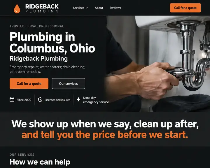 Example plumbing website design by Future for Ridgeback Plumbing: a dark homepage with an orange Call for a quote button, a photo of a plumber fixing a sink trap, and Since 2009, Licensed and insured and Same-day emergency service badges