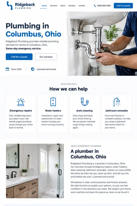 Example homepage design for Ridgeback Plumbing, a fictional plumber in Columbus, Ohio (light and clean look)
