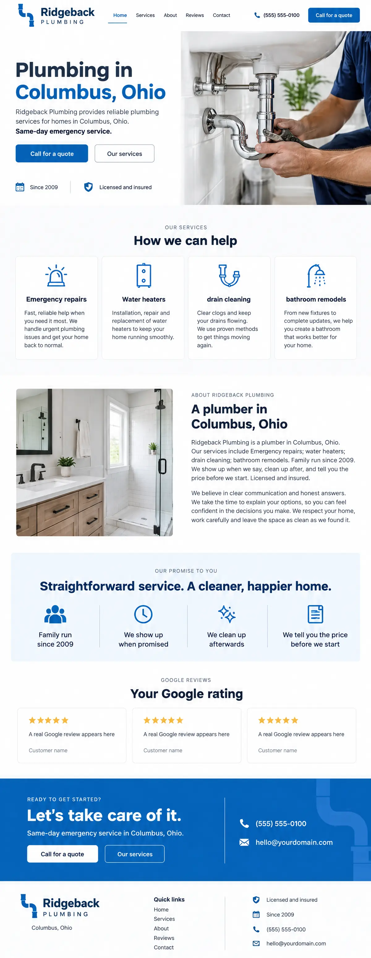 Homepage: Example homepage design for Ridgeback Plumbing, a fictional plumber in Columbus, Ohio (light and clean look)