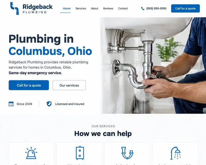 Example plumbing website design by Future for Ridgeback Plumbing: a light homepage with the phone number and a blue Call for a quote button in the header, and cards for emergency repairs, water heaters, drain cleaning and bathroom remodels