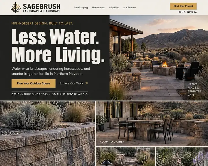 Example landscaping website design by Future for Sagebrush in Reno: charcoal, cream and mustard with condensed headlines, Less Water. More Living. beside a stone patio, a captioned photo mosaic, numbered landscaping, hardscapes and irrigation, and a 3D plan shown beside the finished space