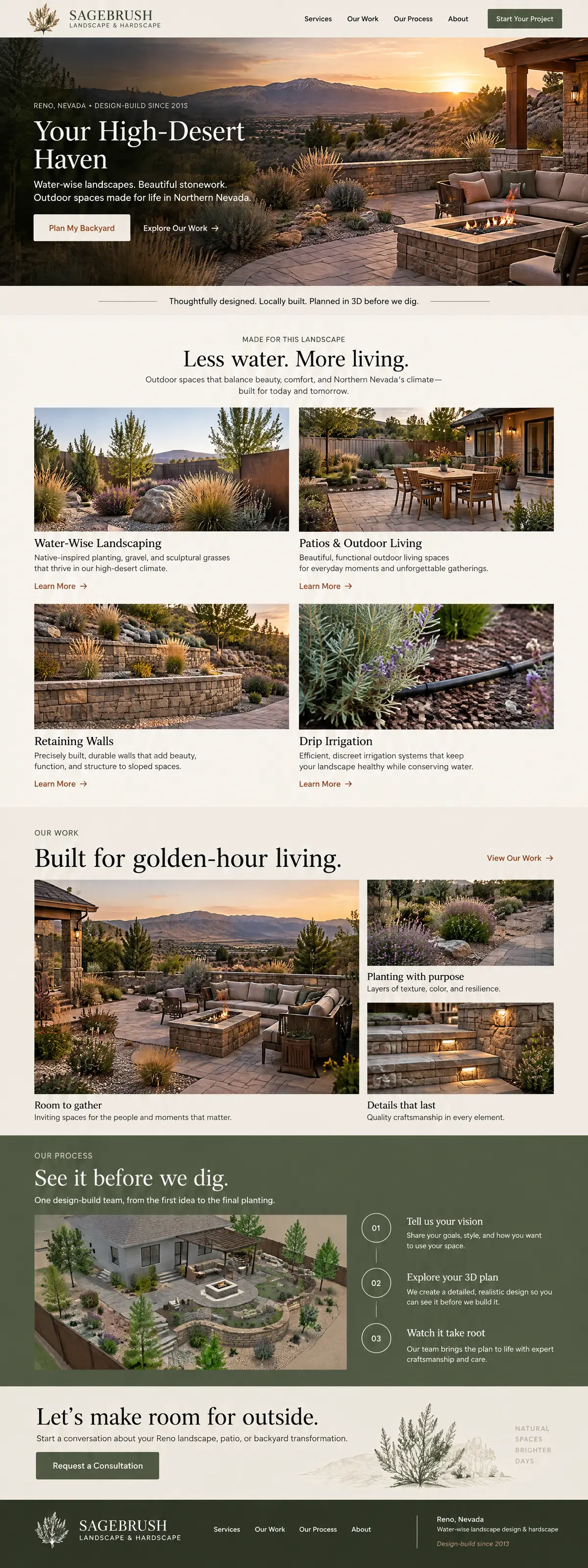Homepage design for a landscaping company in Reno: cream, sage green and rust; full-width photo of a stone patio and fire pit at sunset over the Reno mountains; water-wise landscaping, patios, retaining walls and drip irrigation cards; project gallery; 'See it before we dig' 3D-plan section