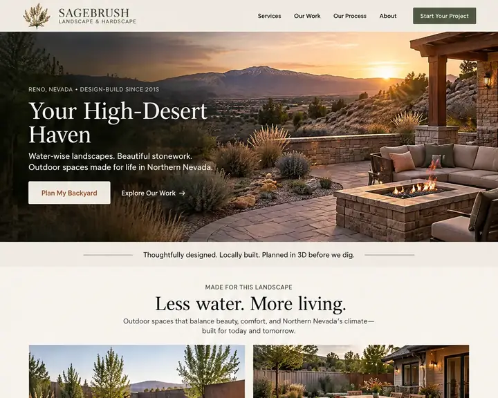 Example landscaping website design by Future for Sagebrush Landscape & Hardscape in Reno: cream, sage and rust, a stone patio and fire pit at sunset, cards for water-wise landscaping, patios, retaining walls and drip irrigation, and a See it before we dig 3D plan