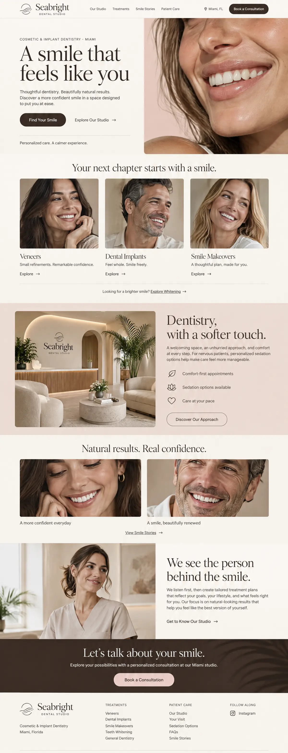 Homepage design for a cosmetic dentist in Miami: cream, blush and espresso with refined serif type; 'A smile that feels like you' beside a close-up smile; veneers, implants and smile makeover cards; spa-like lounge section; smile stories; espresso consultation band