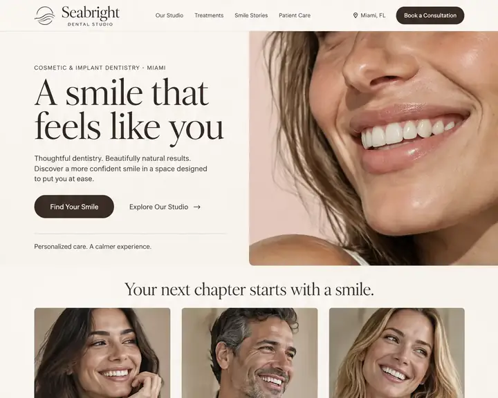 Homepage design for a cosmetic dentist in Miami: cream, blush and espresso with refined serif type; 'A smile that feels like you' beside a close-up smile; veneers, implants and smile makeover cards; spa-like lounge section; smile stories; espresso consultation band