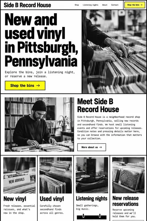 Example homepage design for Side B Record House, a fictional record store in Pittsburgh, Pennsylvania (brutalist look)