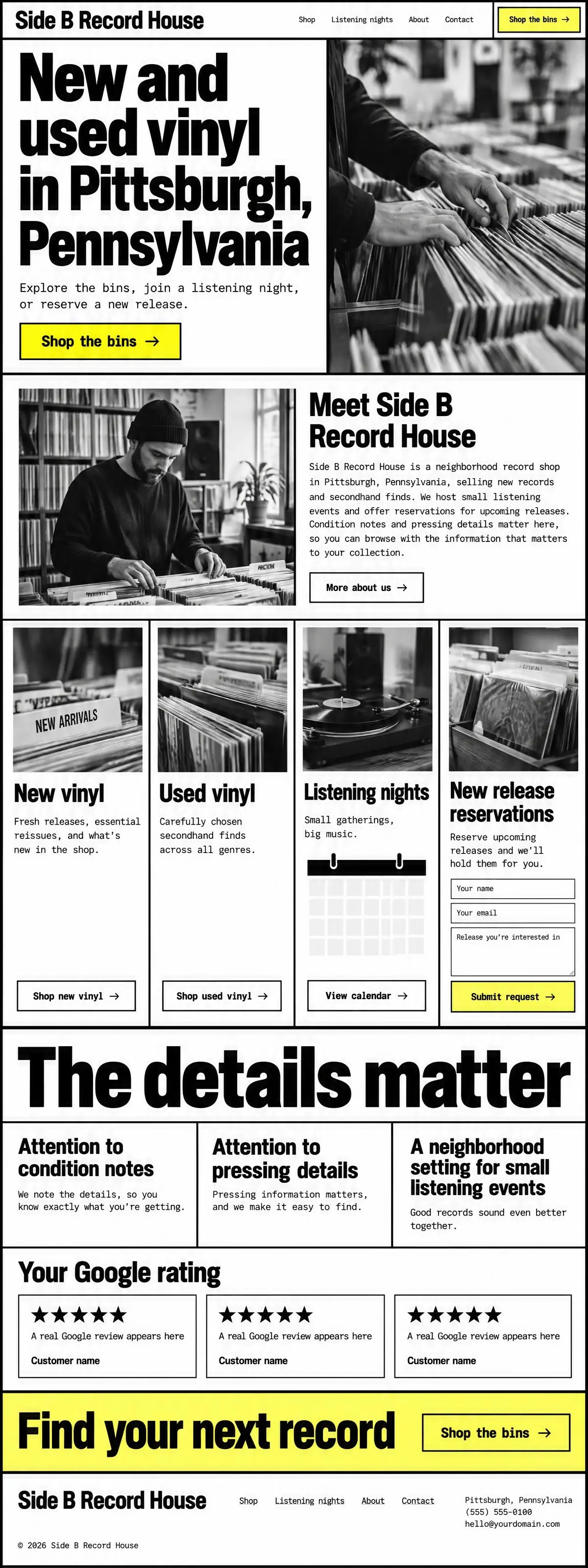 Homepage: Example homepage design for Side B Record House, a fictional record store in Pittsburgh, Pennsylvania (brutalist look)