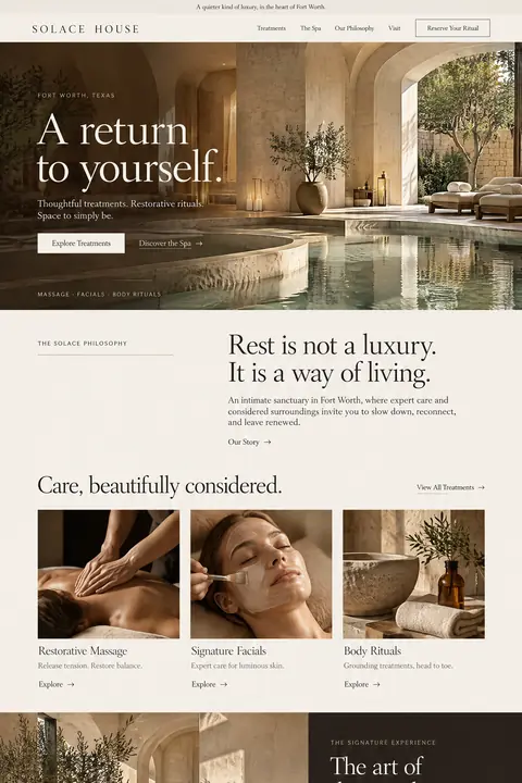 Example homepage design for Solace House, a fictional luxury day spa in Fort Worth, Texas (serene look)