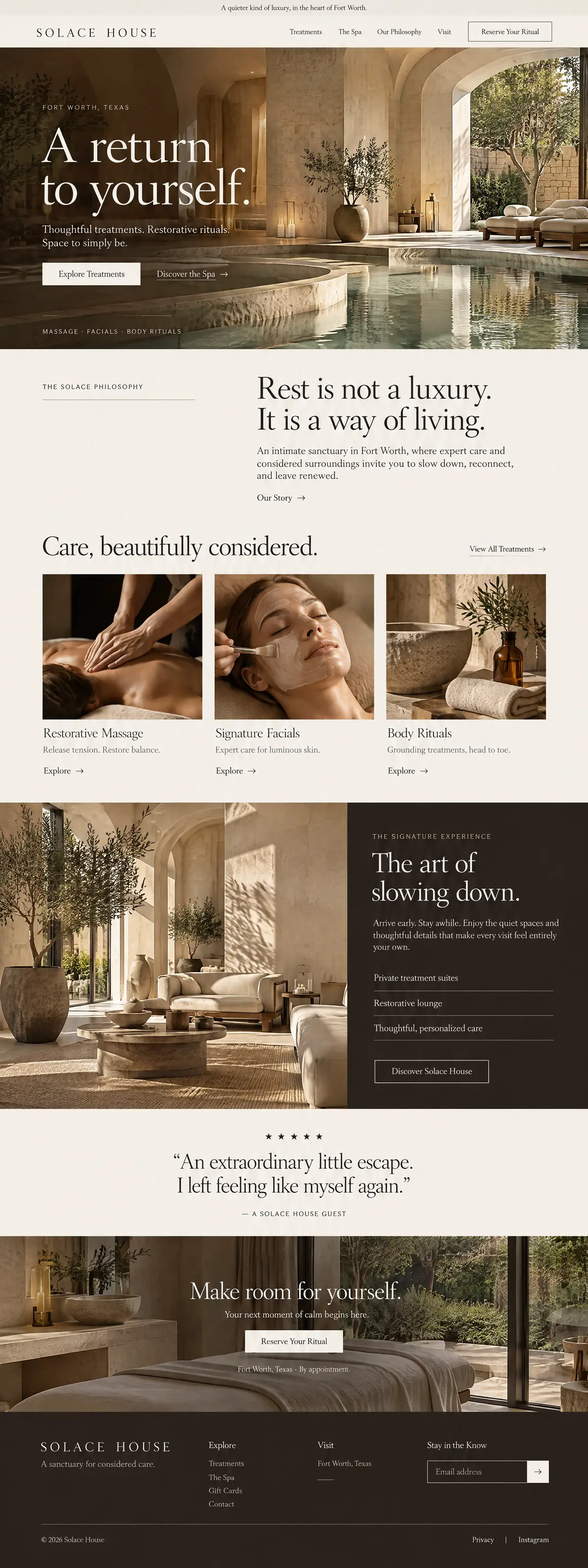 Homepage: Example homepage design for Solace House, a fictional luxury day spa in Fort Worth, Texas (serene look)
